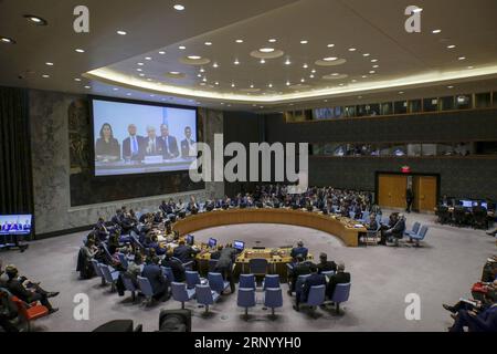 (180409) -- UNITED NATIONS, April 9, 2018 -- Photo taken on April 9, 2018 shows a general view of the United Nations Security Council meeting on the situation in Syria at the UN headquarters in New York. The Security Council held an emergency session on the situation in Syria, particularly after reports of the use of chemical weapons over the weekend in rebel-held Douma near the capital city of Damascus. ) UN-SECURITY COUNCIL-SYRIA LixMuzi PUBLICATIONxNOTxINxCHN Stock Photo