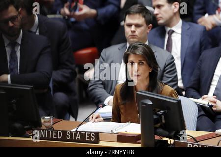 (180409) -- UNITED NATIONS, April 9, 2018 -- U.S. Ambassador to the United Nations Nikki Haley (front) addresses the UN Security Council meeting on the situation in Syria at the UN headquarters in New York, April 9, 2018. The Security Council held an emergency session on the situation in Syria, particularly after reports of the use of chemical weapons over the weekend in rebel-held Douma near the capital city of Damascus. ) UN-SECURITY COUNCIL-EMERGENCY SESSION-SYRIA LixMuzi PUBLICATIONxNOTxINxCHN Stock Photo