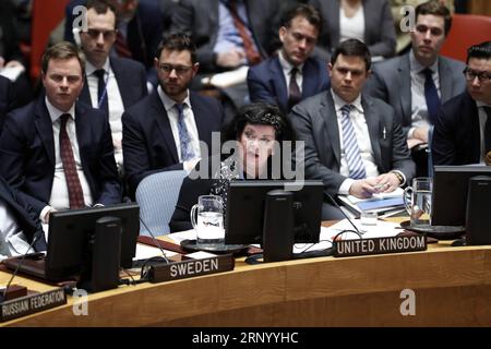 (180409) -- UNITED NATIONS, April 9, 2018 -- Karen Pierce (front), British Ambassador to the United Nations, addresses the UN Security Council meeting on the situation in Syria, at the UN headquarters in New York, April 9, 2018. The Security Council held an emergency session on the situation in Syria, particularly after reports of the use of chemical weapons over the weekend in rebel-held Douma near the capital city of Damascus. ) UN-SECURITY COUNCIL-EMERGENCY SESSION-SYRIA LixMuzi PUBLICATIONxNOTxINxCHN Stock Photo