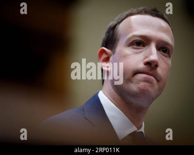 (180411) -- WASHINGTON, April 11, 2018 -- Facebook CEO Mark Zuckerberg testifies before the House Energy and Commerce Committee on Capitol Hill in Washington D.C., the United States, on April 11, 2018. ) U.S.-WASHINGTON D.C.-FACEBOOK-ZUCKERBERG-HEARING TingxShen PUBLICATIONxNOTxINxCHN Stock Photo