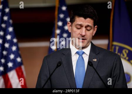 Bilder des Tages (180411) -- WASHINGTON April. 11, 2018 -- U.S. House Speaker Paul Ryan announces he will not run for reelection in November but will serve out his term during a press conference in Washington D.C., United States, on April 11, 2018. )(rh) U.S.-WASHINGTON D.C.-PAUL RYAN TingxShen PUBLICATIONxNOTxINxCHN Stock Photo