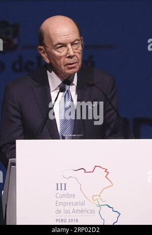 (180414) -- LIMA, April 14, 2018 -- U.S. Secretary of Commerce Wilbur Ross speaks at the third Business Summit of the Americas in Lima, Peru, April 13, 2018. The Business Summit of the Americas was opened on Thursday, ahead of the eighth Summit of the Americas, scheduled for Friday and Saturday. ) (ybg) PERU-LIMA-AMERICAS-BUSINESS SUMMIT XuxRui PUBLICATIONxNOTxINxCHN Stock Photo