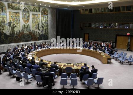 (180414) -- UNTIED NATIONS, April 14, 2018 -- Photo taken on April 14, 2018 shows an emergency meeting of the Security Council to discuss the situation after airstrikes in Syria by the United States, France and Britain, at the UN headquarters in New York. )(zjl) UN-SECURITY COUNCIL-SYRIA-EMERGENCY MEETING LixMuzi PUBLICATIONxNOTxINxCHN Stock Photo