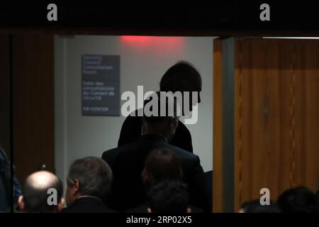 (180414) -- UNTIED NATIONS, April 14, 2018 -- Syrian Ambassador to the United Nations Bashar Ja afari (Rear) leaves after a Security Council emergency meeting on Syria at the UN headquarters in New York, April 14, 2018. A Russian-drafted resolution, which would have condemned the military strikes on Syria carried out by the United States, France and Britain, failed to be adopted by the Security Council. ) UN-SECURITY COUNCIL-SYRIA-DRAFT RESOLUTION-FAILING LixMuzi PUBLICATIONxNOTxINxCHN Stock Photo