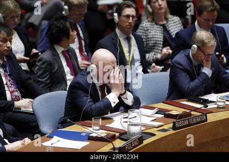 Themen der Woche KW15 Bilder des Tages (180414) -- UNTIED NATIONS, April 14, 2018 -- Russian Ambassador to the United Nations Vassily Nebenzia (L, Front) attends a Security Council emergency meeting on Syria at the UN headquarters in New York, April 14, 2018. A Russian-drafted resolution, which would have condemned the military strikes on Syria carried out by the United States, France and Britain, failed to be adopted by the Security Council. ) UN-SECURITY COUNCIL-SYRIA-DRAFT RESOLUTION-FAILING LixMuzi PUBLICATIONxNOTxINxCHN Stock Photo