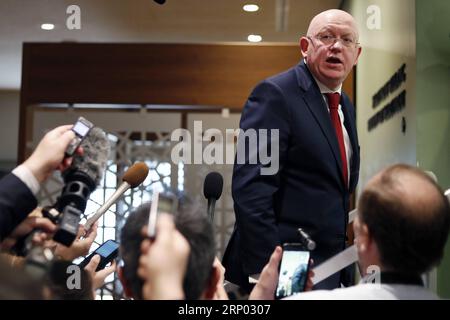 (180414) -- UNTIED NATIONS, April 14, 2018 -- Russian Ambassador to the United Nations Vassily Nebenzia speaks to journalists after a Security Council emergency meeting on Syria at the UN headquarters in New York, April 14, 2018. A Russian-drafted resolution, which would have condemned the military strikes on Syria carried out by the United States, France and Britain, failed to be adopted by the Security Council. ) UN-SECURITY COUNCIL-SYRIA-DRAFT RESOLUTION-FAILING LixMuzi PUBLICATIONxNOTxINxCHN Stock Photo