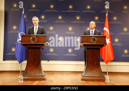 Themen der Woche KW16 Bilder des Tages (180416) -- ANKARA, April 16, 2018 -- Turkish Foreign Minister Mevlut Cavusoglu (R) and NATO Secretary General Jens Stoltenberg attend a joint press conference in Ankara, Turkey, on April 16, 2018. )(srb) TURKEY-ANKARA-NATO-SECRETARY GENERAL QinxYanyang PUBLICATIONxNOTxINxCHN Stock Photo