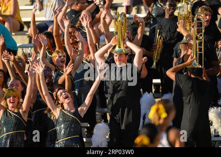 College Park, MD, USA. 02nd Sep, 2023. Towson Tigers band celebrates during the NCAA football game between the Maryland Terrapins and the Towson Tigers at SECU Stadium in College Park, MD. Reggie Hildred/CSM/Alamy Live News Stock Photo