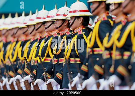 (180419) -- QUEZON CITY, April 19, 2018 -- Honor guards of the Philippine National Police (PNP) stand in attention during the PNP s command handover ceremony inside Camp Crame in Quezon City, the Philippines, April 19, 2018. Philippine President Rodrigo Duterte named Oscar Albayalde as the new head of the PNP on April 5 and the command handover ceremony was held here on Thursday. ) (zjl) PHILIPPINES-QUEZON CITY-PNP-COMMAND-HANDOVER RouellexUmali PUBLICATIONxNOTxINxCHN Stock Photo