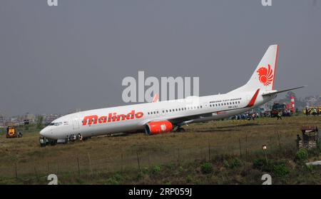 Themen der Woche KW16 Bilder des Tages Kathmandu: Flugzeug kommt von Landebahn ab (180420) -- KATHMANDU, April 20, 2018 -- A Malindo airplane sits on grass after it skidded off the runway at Nepal s Tribhuwan International Airport (TIA) in Kathmandu on April 20, 2018. The aircraft experienced runway excursion while it was preparing to take off for Malaysia on Thursday night. ) (lx) NEPAL-KATHMANDU-MALINDO AIRLINES-RUNWAY ACCIDENT SunilxSharma PUBLICATIONxNOTxINxCHN Stock Photo