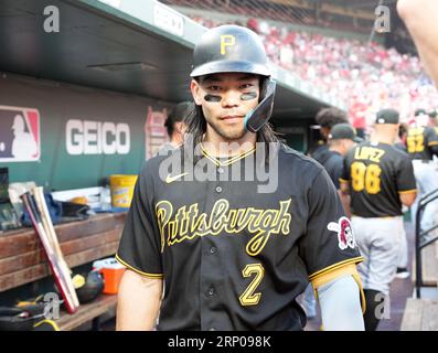 Pittsburgh Pirates' Connor Joe walks in the dugout before a