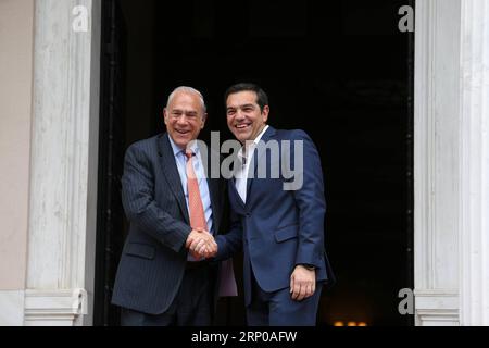 Bilder des Tages (180430) -- ATHENS, April 30, 2018 -- Greek Prime Minister Alexis Tsipras (R) welcomes Secretary-General of the Organization for Economic Cooperation and Development (OECD) Angel Gurria at the Prime Minister office in Athens, Greece, on April 30, 2018. The time has come for further Greek debt relief, Angel Gurria said here on Monday after meeting with Alexis Tsipras. ) GREECE-ATHENS-PM-OECD-SECRETARY-GENERAL-MEETING MariosxLolos PUBLICATIONxNOTxINxCHN Stock Photo