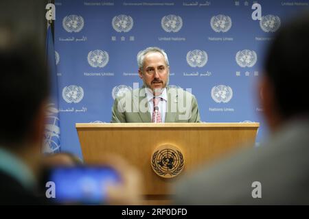 (180508) -- UNITED NATIONS, May 8, 2018 -- Stephane Dujarric, spokesperson for the United Nations secretary-general, reads out UN Secretary-General Antonio Guterres statement concerning the U.S. withdrawal from the Iran nuclear deal at the UN headquarters in New York, on May 8, 2018. Antonio Guterres on Tuesday voiced deep concern over U.S. President Donald Trump s decision to pull America out of the 2015 Iran nuclear deal. ) UN-SECRETARY-GENERAL-SPOKESPERSON-U.S.-IRAN NUCLEAR DEAL-WITHDRAWAL LixMuzi PUBLICATIONxNOTxINxCHN Stock Photo