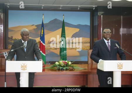 (180508) -- WINDHOEK, May 8, 2018 -- Photo taken on May 8, 2018 shows the Chairperson of the African Union Commission Moussa Faki Mahamat (L) and the President of Namibia Hage Geingob at the State House of Namibia in Windhoek, Namibia. Moussa Faki Mahamat is on a visit in Namibia from May 8 to 10 at the invitation of Hage Geingob. ) NAMIBIA-WINDHOEK-AU COMMISSION-CHAIRPERSON-VISIT RodneyxPienaar PUBLICATIONxNOTxINxCHN Stock Photo