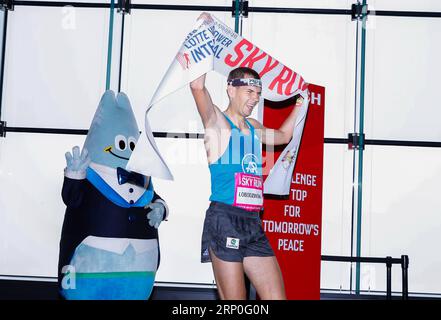 (180513) -- SEOUL, May 13, 2018 -- Piotr Lobodzinski of Poland celebrates after winning the men s category during the Lotte World Tower International Skyrun 2018 in Seoul, South Korea, on May 13, 2018. Runners raced up the 123-floor, 2,917-step, 555-meter-high skyscraper, South Korea s tallest of the kind, on Sunday. ) (SP)SOUTH KOREA-SEOUL-SKYRUN WangxJingqiang PUBLICATIONxNOTxINxCHN Stock Photo