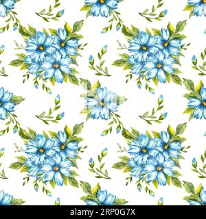 Watercolor illustration of a pattern of blue flowers with buds. Colors indigo, cobalt, sky blue and classic blue. Great pattern for kitchen, home deco Stock Photo