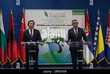 (180514) -- BELGRADE, May 14, 2018 -- Liu Dongsheng (L), deputy head of China s State Forestry and Grassland Administration and Branislav Nedimovic, Minister of Agriculture, Forestry and Water Management of Serbia, attend a press conference in Belgrade, Serbia, on May 14, 2018. China and Central and Eastern European (CEE) countries are willing to further deepen their cooperation in the area of forestry and work together on preventing negative effects of climate change, participants of the 2nd High Level Meeting of the Coordination Mechanism for Cooperation in Forestry between China and the CEE Stock Photo