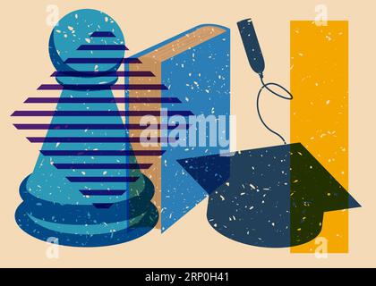 Risograph Back to School concept art with chess pawn, book, graduation cap and geometric shapes. Educational background in trendy riso graph design. Stock Vector