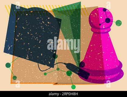 Risograph Back to School concept art with chess pawn, book, graduation cap and geometric shapes. Educational background in trendy riso graph design. Stock Vector