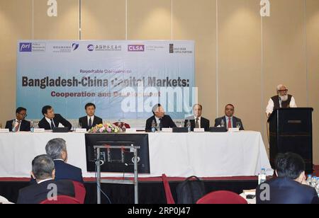 (180516) -- DHAKA, May 16, 2018 () -- Salman F Rahman (R), adviser for private sector development to Bangladeshi prime minister, addresses the roundtable discussion on Bangladesh-China Capital Markets held in Dhaka, capital of Bangladesh, on May 15, 2018. The Roundtable, which has been designed to facilitate the exchange of ideas and experiences in the field of share market matters, was attended by high-level participants from the government, regulators, representatives from Bangladeshi and Chinese premier bourses, financial institutions, economic experts and journalists. () (yy) BANGLADESH-DH Stock Photo