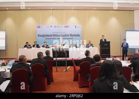 (180516) -- DHAKA, May 16, 2018 () -- Photo taken on May 15, 2018 shows the roundtable discussion on Bangladesh-China Capital Markets held in Dhaka, capital of Bangladesh. The Roundtable, which has been designed to facilitate the exchange of ideas and experiences in the field of share market matters, was attended by high-level participants from the government, regulators, representatives from Bangladeshi and Chinese premier bourses, financial institutions, economic experts and journalists. () (yy) BANGLADESH-DHAKA-CAPITAL MARKET-ROUNDTABLE Xinhua PUBLICATIONxNOTxINxCHN Stock Photo
