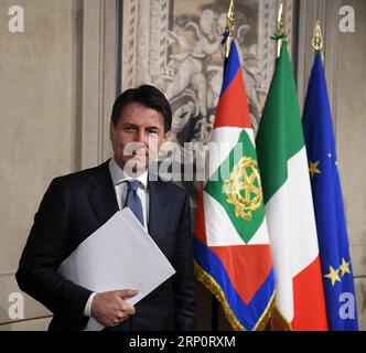 (180523) -- ROMA, May 23, 2018 -- Giuseppe Conte attends a press conference after meeting with Italian President Sergio Mattarella in Rome, Italy, on May 23, 2018. Italian President Sergio Mattarella on Wednesday named law professor Giuseppe Conte as Italy s new prime minister, tasking him with a mandate to form a new government. ) ITALY-ROMA-NEW-PM-GIUSEPPE CONTE AlbertoxLingria PUBLICATIONxNOTxINxCHN Stock Photo