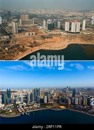 (180604) -- QINGDAO, June 4, 2018 -- Combined photos show aerial views of Wusi Square in Qingdao, east China s Shandong Province, taken respectively in 1996 (upper) and on April 16, 2018. Development of the coastal city can be seen from the file photos of Qingdao taken by photographer Zhang Yan on a helicopter since 1996 and the new ones taken by drones. Qingdao, as one of the first Chinese cities to open up, was an important port for the Belt and Road, and that people could sense the extensive, profound local culture and the vitality of China s reform and opening-up. ) (mp) CHINA-QINGDAO-AERI Stock Photo