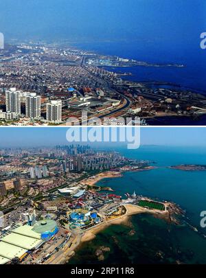 (180604) -- QINGDAO, June 4, 2018 -- Combined photos show aerial views of Maidao in Qingdao, east China s Shandong Province, taken respectively in 1996 (upper) and on May 4, 2018. Development of the coastal city can be seen from the file photos of Qingdao taken by photographer Zhang Yan on a helicopter since 1996 and the new ones taken by drones. Qingdao, as one of the first Chinese cities to open up, was an important port for the Belt and Road, and that people could sense the extensive, profound local culture and the vitality of China s reform and opening-up. ) (mp) CHINA-QINGDAO-AERIAL VIEW- Stock Photo