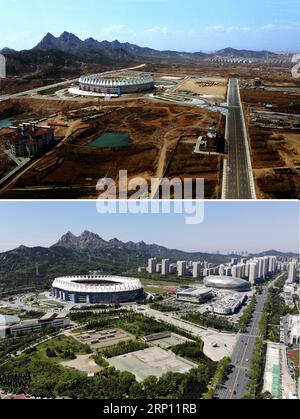 (180604) -- QINGDAO, June 4, 2018 -- Combined photos show aerial views of Qingdao Sports Center in Qingdao, east China s Shandong Province, taken respectively in 2000 (upper) and on May 13, 2018. Development of the coastal city can be seen from the file photos of Qingdao taken by photographer Zhang Yan on a helicopter since 1996 and the new ones taken by drones. Qingdao, as one of the first Chinese cities to open up, was an important port for the Belt and Road, and that people could sense the extensive, profound local culture and the vitality of China s reform and opening-up. ) (mp) CHINA-QING Stock Photo