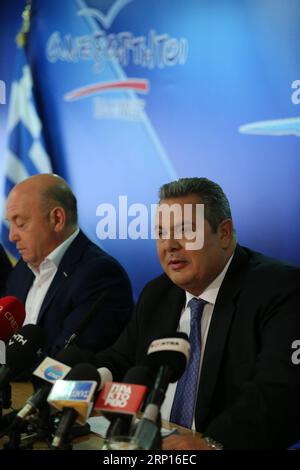 (180612) -- ATHENS, June 12, 2018 -- Greek Defense Minister Panos Kammenos (R) attends a press conference in Athens, Greece, June 12, 2018. Greek Defense Minister Panos Kammenos voiced doubt on Tuesday whether an agreement with Skopje to settle the long-standing name dispute can be reached, as talks between the two neighboring countries continued. )(rh) GREECE-ATHENS-DEFENSE MINISTER MariosxLolos PUBLICATIONxNOTxINxCHN Stock Photo