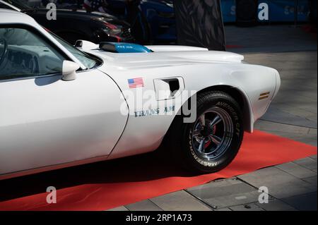A classic American sports car, the Pontiac Firebird Trans Am 455 HO Interceptor in white Stock Photo