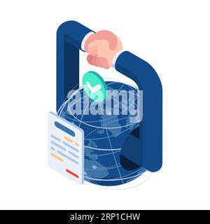 Flat 3d Isometric Business Handshake Over The World. Global Business Deal Concept. Stock Vector