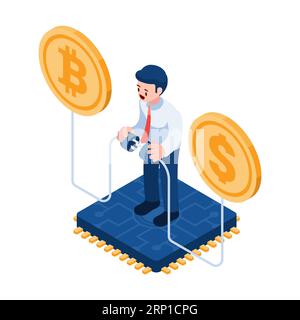 Flat 3d Isometric Businessman Connecting Bitcoin and Dollar. Bitcoin and Blockchain Technology Concept. Stock Vector