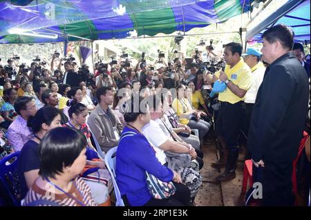 (180629) -- CHIANG RAI, June 29, 2018 () -- Thai Prime Minister Prayut Chan-o-cha (C) speaks to family members of 12 teenagers and their soccer coach missing in Tham Luang Khun Nam Nang Non cave in Mae Sai district of Chiang Rai, north of Thailand, on June 29, 2018. Prayut Chan-o-cha on Friday visited the flooded cave where rescuers have been searching for 12 boys and their soccer coach missing for six days and encouraged their relatives not to give up hope. () (zjl) THAILAND-CHIANG RAI-PM-FOOTBALLERS-MISSING Xinhua PUBLICATIONxNOTxINxCHN Stock Photo