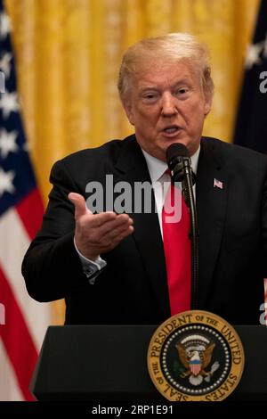 (180629) -- WASHINGTON, June 29, 2018 -- U.S. President Donald Trump delivers remarks on the Tax Cuts and Jobs Act at the White House in Washington D.C., the United States, on June 29, 2018. ) U.S.-WASHINGTON D.C.-TRUMP-TAX-REMARKS TingxShen PUBLICATIONxNOTxINxCHN Stock Photo