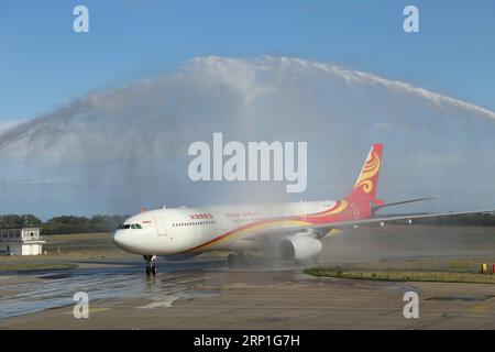 (180704) -- BELGRADE, July 4, 2018 -- Photo taken on Sept. 15, 2017 shows the first flight from Beijing to Belgrade (via Prague) by China s Hainan Airlines landing at the Nikola Tesla International Airport in Belgrade, Serbia. TO GO WITH Feature: Eased visa policies boost exchanges, cooperation between China, Balkan nations. ) (dtf) EUROPE-BALKAN NATIONS-CHINA-VISA WangxHuijuan PUBLICATIONxNOTxINxCHN Stock Photo