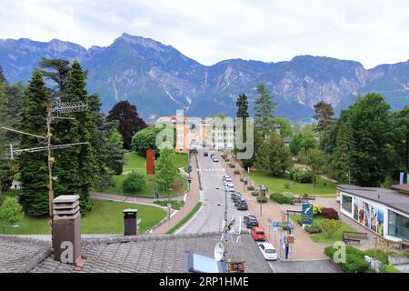 the Aerial view of the small town of Levico Terme and the mountains, Alps. Trentino Alto Adige, Italy, Europe Stock Photo