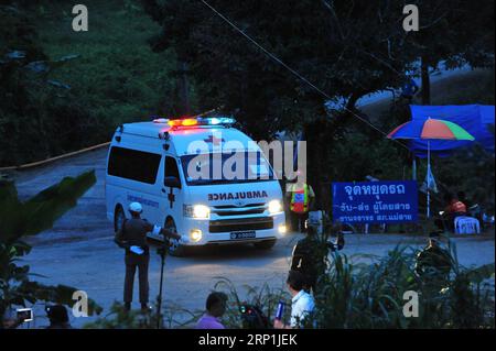 (180709) -- CHIANG RAI, July 9, 2018 -- An ambulance taking a rescued boy moves to a local hospital in Chiang Rai, Thailand, July 9, 2018. Eight boys have been saved and emerged by Monday evening from a flooded cave where 12 boys and their soccer coach were trapped for more than two weeks. ) (zjl) THAILAND-CHIANG RAI-CAVE RESCUE RachenxSageamsak PUBLICATIONxNOTxINxCHN Stock Photo