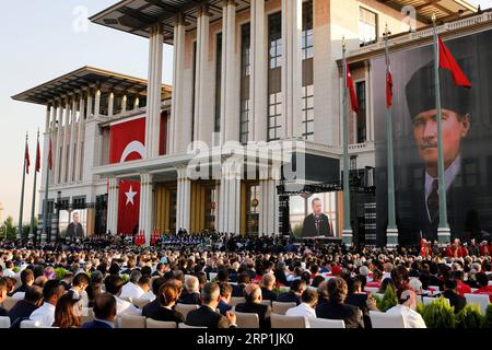 (180709) -- ANKARA, July 9, 2018 -- Turkish President Recep Tayyip Erdogan delivers a speech during a ceremony at the Presidential Palace in Ankara, Turkey, on July 9, 2018. Recep Tayyip Erdogan took the oath of office at parliament on Monday, marking the country s switch to a new era with the executive presidential system. ) TURKEY-ANKARA-ERDOGAN-CEREMONY QinxYanyang PUBLICATIONxNOTxINxCHN Stock Photo