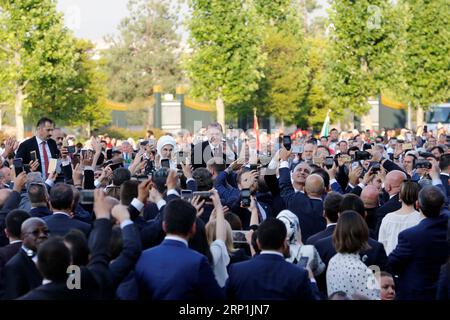 (180709) -- ANKARA, July 9, 2018 -- Turkish President Recep Tayyip Erdogan (C) greets the audience as he arrives for a ceremony at the Presidential Palace in Ankara, Turkey, on July 9, 2018. Recep Tayyip Erdogan took the oath of office at parliament on Monday, marking the country s switch to a new era with the executive presidential system. ) TURKEY-ANKARA-ERDOGAN-CEREMONY QinxYanyang PUBLICATIONxNOTxINxCHN Stock Photo