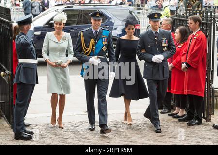 (180711) -- LONDON, July 11, 2018 -- Britain s Prince William (3rd L), Duke of Cambridge, and his wife Catherine (2nd L), Duchess of Cambridge, Prince Harry (5th L), Duke of Sussex and his wife Meghan (4th L), Duchess of Sussex, attend a service at Westminster Abbey to mark the 100th anniversary of the Royal Air Force (RAF) in London, Britain on July 10, 2018. ) (ly) BRITAIN-LONDON-RAF-100TH ANNIVERSARY RayxTang PUBLICATIONxNOTxINxCHN Stock Photo