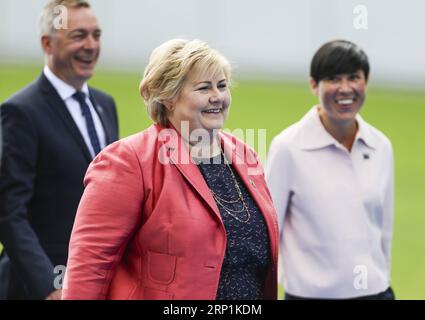 (180711) -- BRUSSELS, July 11, 2018 -- Norway s Prime Minister Erna Solberg (C) arrives at a NATO summit in Brussels, Belgium, July 11, 2018. NATO leaders gather in Brussels for a two-day meeting. )(yg) BELGIUM-BRUSSELS-NATO-SUMMIT YexPingfan PUBLICATIONxNOTxINxCHN Stock Photo