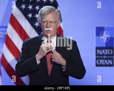 (180712) -- BRUSSELS, July 12, 2018 -- U.S. National Security Advisor John Bolton attends a press conference by U.S. President Donald Trump on the second day of the NATO Summit in Brussels, Belgium, on July 12, 2018. ) (lrz) BELGIUM-BRUSSELS-NATO-SUMMIT YexPingfan PUBLICATIONxNOTxINxCHN Stock Photo