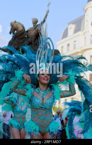 (180714) -- BUCHAREST, July 14, 2018 -- An artist performs in the opening of the 10th Street Theater Festival in Bucharest, capital of Romania, July 13, 2018. The festival lasts from July 13 to August 5. )(zcc) ROMANIA-BUCHAREST-STREET THEATER FESTIVAL CristianxCristel PUBLICATIONxNOTxINxCHN Stock Photo