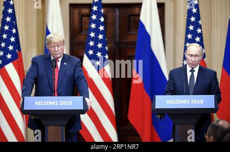 (180716) -- HELSINKI, July 16, 2018 -- U.S. President Donald Trump (L) and Russian President Vladimir Putin attend a joint press conference in Helsinki, Finland, on July 16, 2018. Donald Trump and Vladimir Putin started their first bilateral meeting here on Monday. ) FINLAND-HELSINKI-U.S.-TRUMP-RUSSIA-PUTIN-PRESS CONFERENCE Lehtikuva/JussixNukari PUBLICATIONxNOTxINxCHN Stock Photo