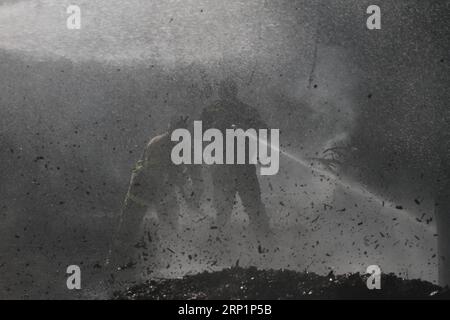 (180718) -- NAHAL OZ, July 18, 2018 -- Israeli firefighters attempt to extinguish a fire in a forest field near the Kibbutz of Nahal Oz, near the barrier between Israel and the Gaza Strip, on July 17, 2018. The fire was caused by inflammable material attached to a balloon flown by Palestinian protesters from inside Gaza Strip. ) (qxy) MIDEAST-NAHAL OZ-FIRE GilxCohenxMagen PUBLICATIONxNOTxINxCHN Stock Photo