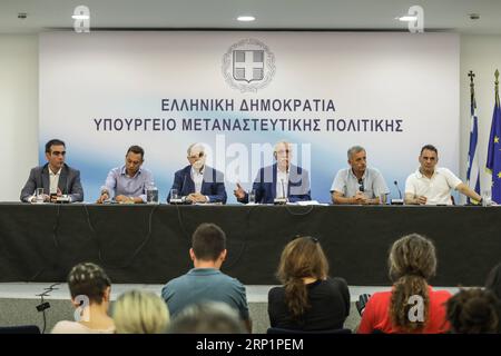 (180718) -- ATHENS, July 18, 2018 -- Greek Migration Minister Dimitris Vitsas (3rd R, Rear) attends a press conference in Athens, Greece, on July 18, 2018. Greek Migration Minister Dimitris Vitsas urged on Wednesday all EU member states to follow a European path on handling the migrant and refugee crisis instead of unilateral acts. ) GREECE-ATHENS-MIGRATION MINISTER-PRESS CONFERENCE LefterisxPartsalis PUBLICATIONxNOTxINxCHN Stock Photo