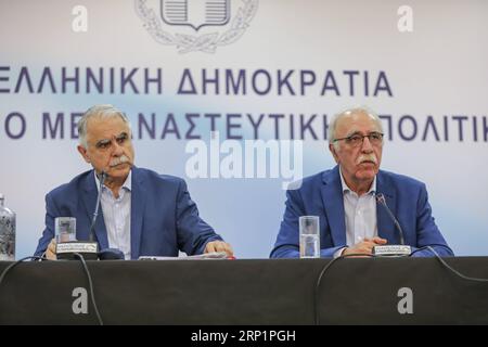 (180718) -- ATHENS, July 18, 2018 -- Greek Migration Minister Dimitris Vitsas (R) attends a press conference in Athens, Greece, on July 18, 2018. Greek Migration Minister Dimitris Vitsas urged on Wednesday all EU member states to follow a European path on handling the migrant and refugee crisis instead of unilateral acts. ) GREECE-ATHENS-MIGRATION MINISTER-PRESS CONFERENCE LefterisxPartsalis PUBLICATIONxNOTxINxCHN Stock Photo