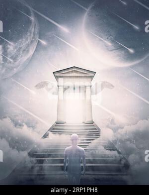 Human soul climbing the stairs to the heaven gates. Astral travel to paradise, surreal and abstract scene with a mysterious door in the clouds Stock Photo