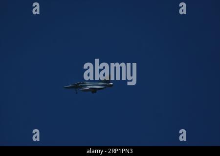 An Indian Air Force fighter jet flies past in out skirts of Srinagar the Summer capital of Indian Administered Kashmir, before the training exercise recognized as ‘Trishul.' Interestingly, the exercises will take place in the northern region, close to China and Pakistan's boarders. The drill is scheduled to take place from September 4 to 14, overlapping with the G20 meeting, which will take place from September 9 to 10. The drills will take place in the northern sector, which includes Ladakh, Himachal Pradesh, Haryana, Jammu & Kashmir, and Punjab. (Photo by Mubashir Hassan/Pacific Press) Stock Photo